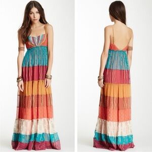 RARE Free People Gilded Caravan Patchwork Sari Silk Maxi Dress